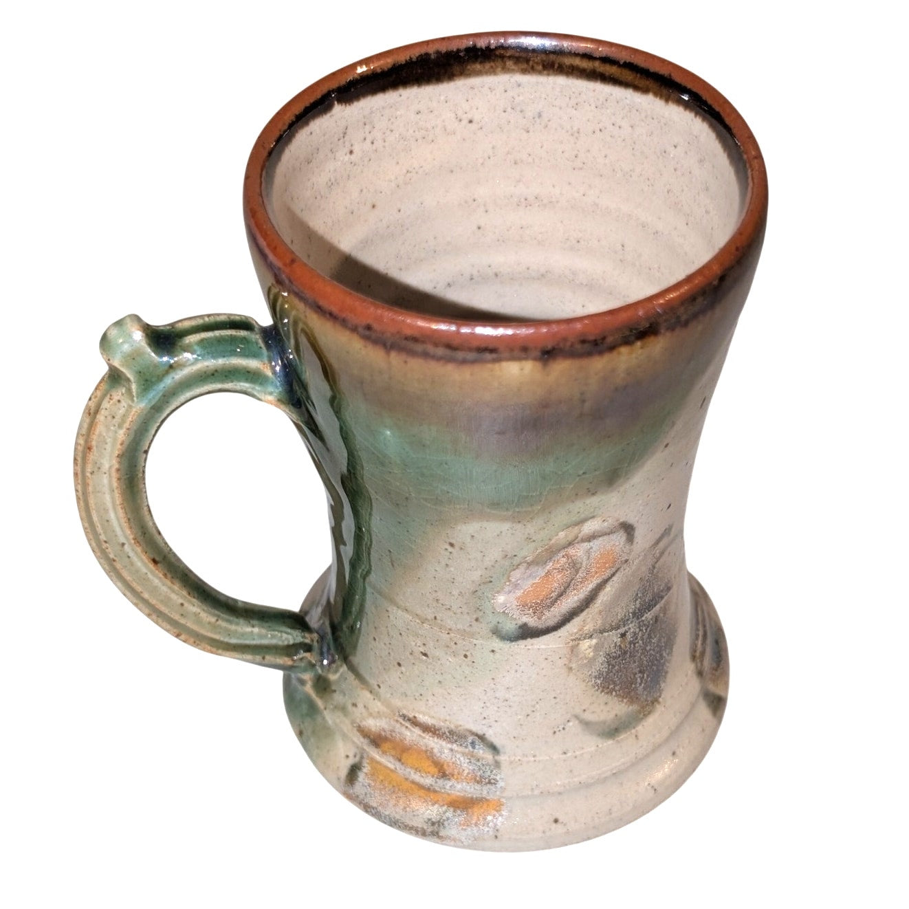 Signed Stamped Studio Pottery Green Yellow Brown Swirl Pattern Mug