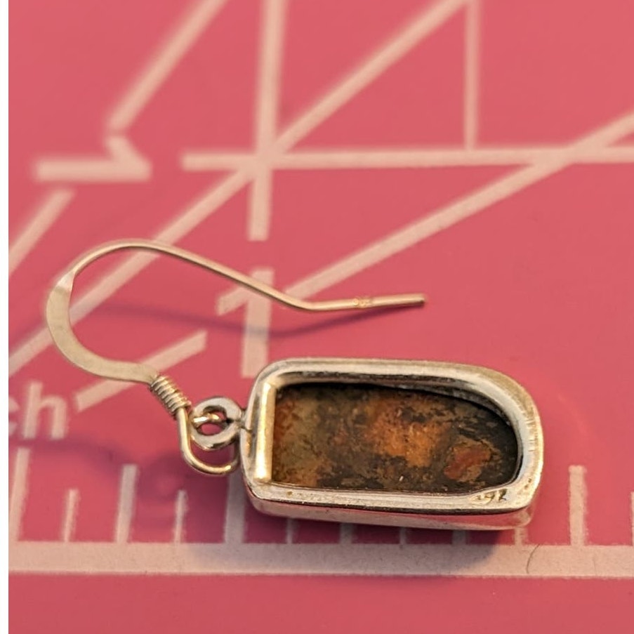 Vtg Marked 925 Sterling Orange Copper Turquoise Bezel Set Stone Dangle Earrings