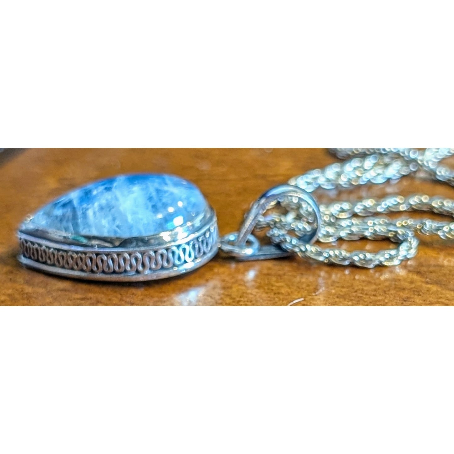 Blue Moonstone Teardrop Bali Wire Solid 925 Sterling Pendant Rope Chain Necklace