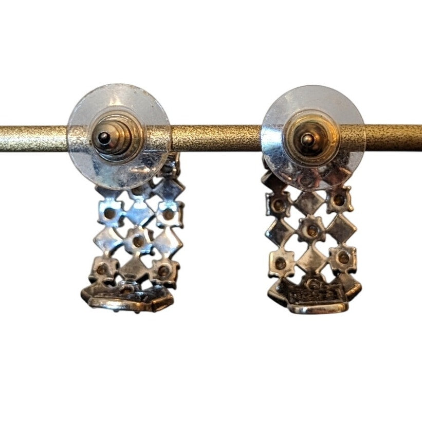 925 Sterling Silver Marcasite & Crystal Openwork Half Hoop Earrings