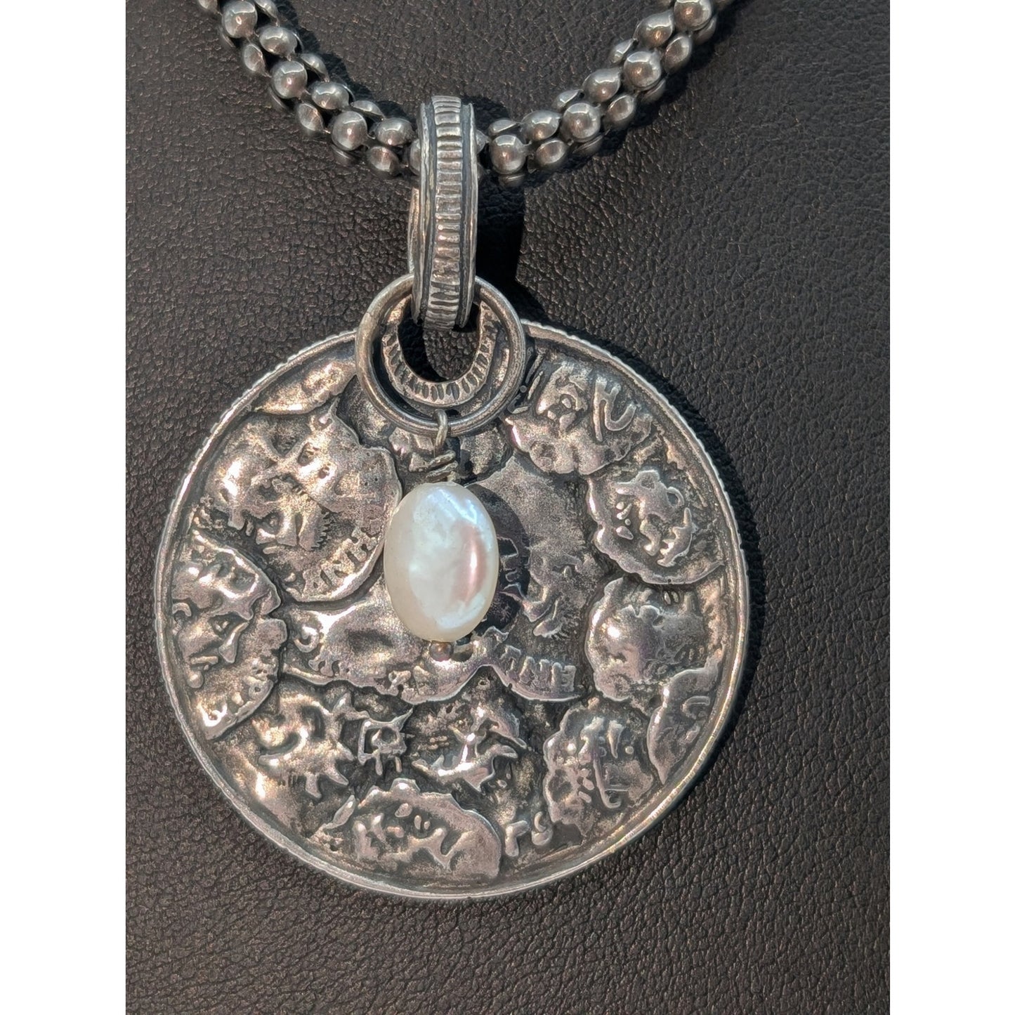 Vtg SILPADA Sterling Hammered Medallion Pendant Pearl Popcorn Chain Necklace