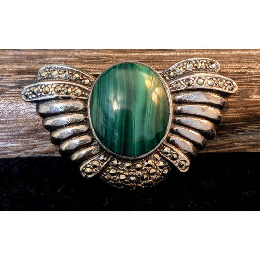 Vintage Artisan Art Deco Malachite Sterling Silver Marcasite Brooch