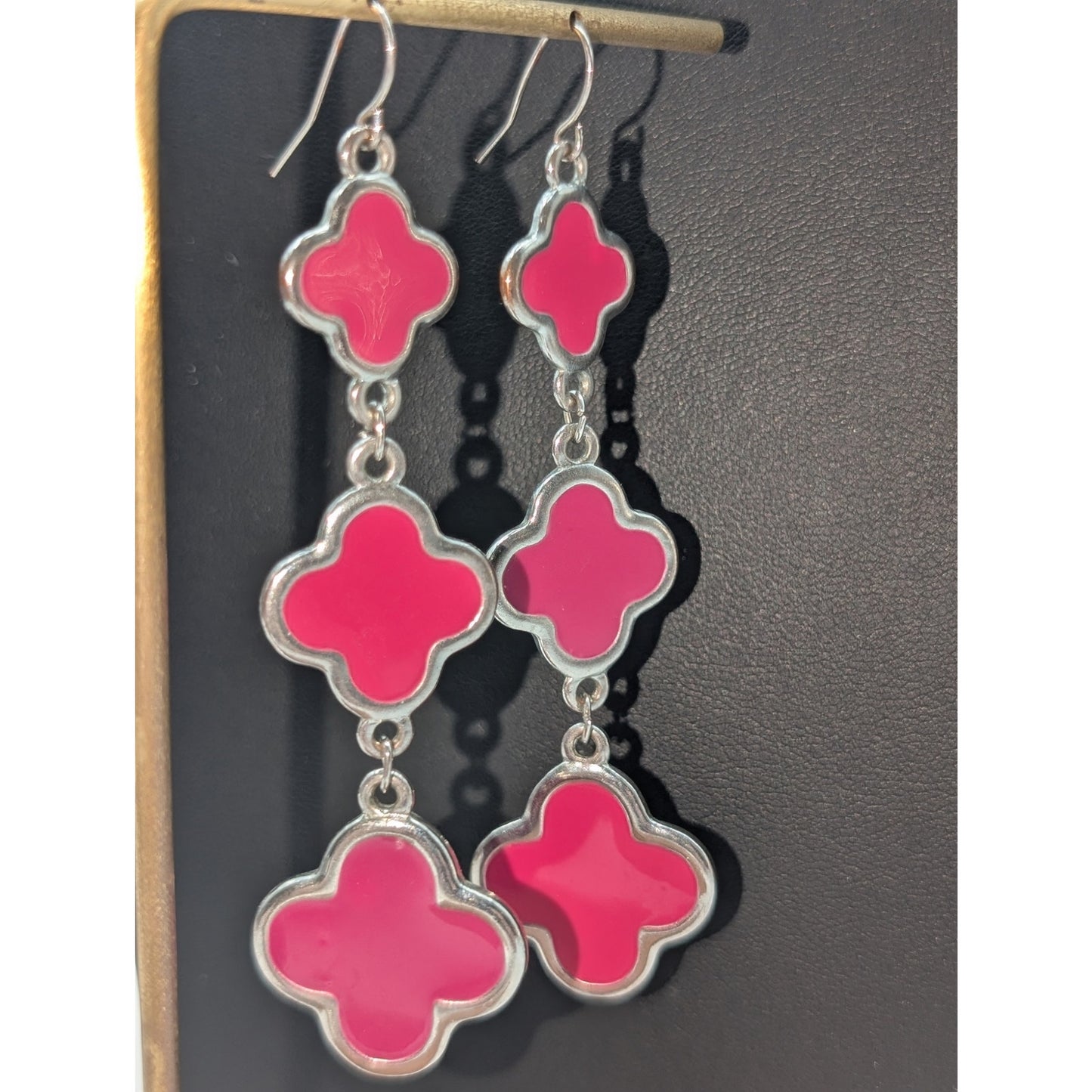 Hot Pink Enamel Three Quatrefoil Silver Tone Dangle Pierced Earrings