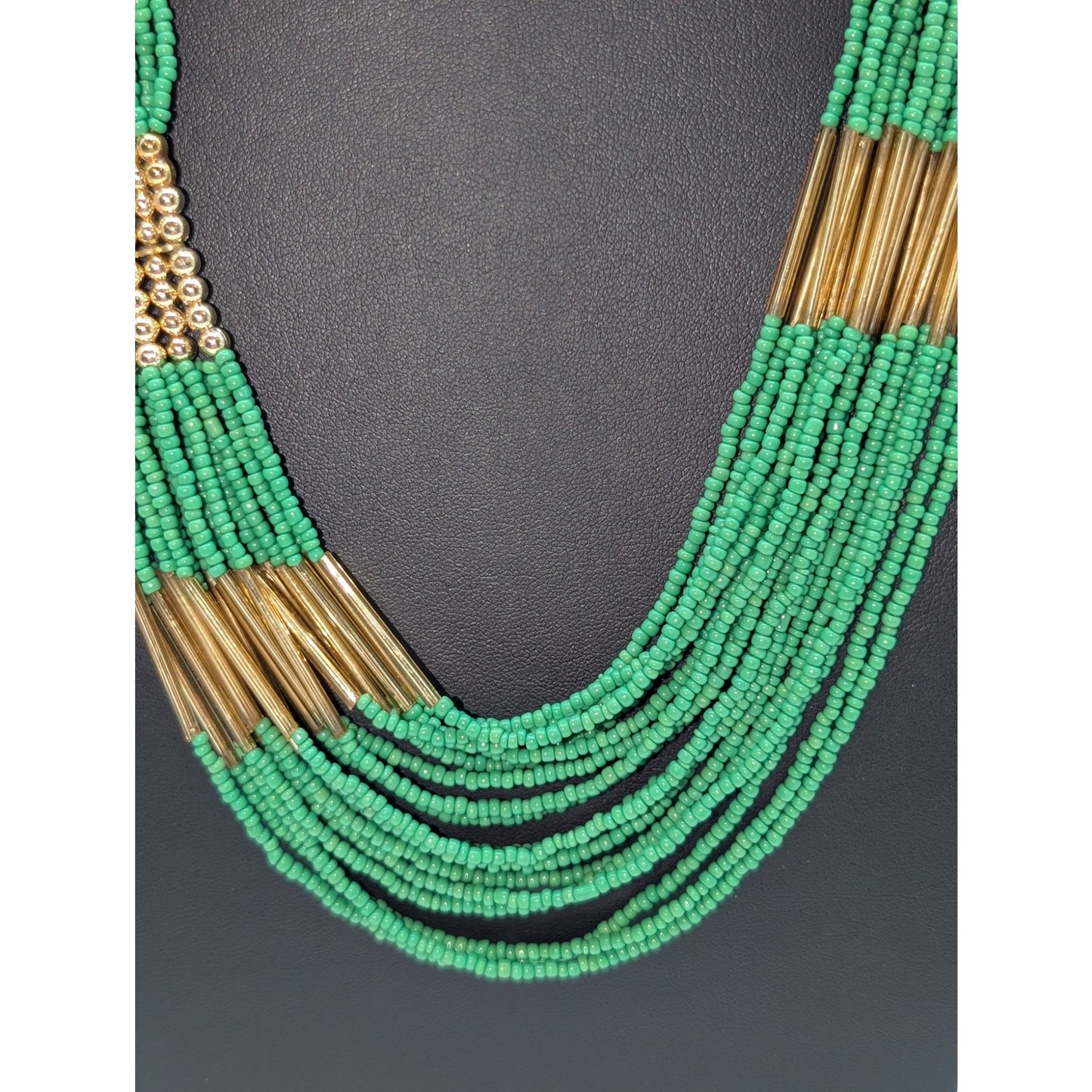GCM India Green Seed Bead & Gold Tone Ball & Rod Multi-Strand 27"-29" Necklace