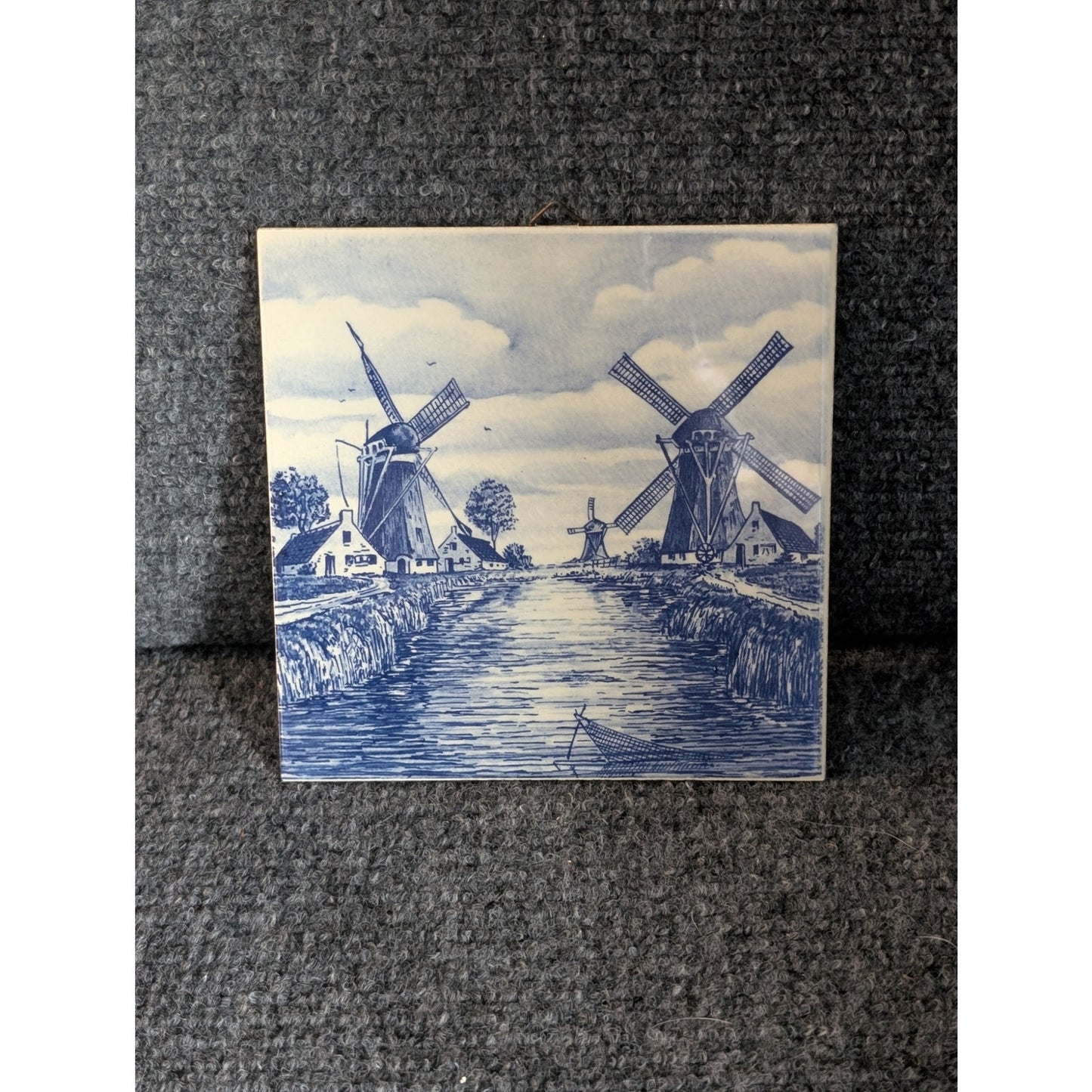Vtg 6" Delft Blue Tile Trivet Dutch Windmills and Canal Stamped Roman Numeral II