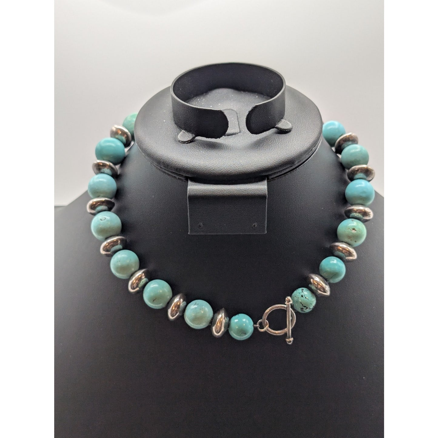 VTG 925 Sterling Silver Chunky Beaded Natural Stone Toggle Clasp Necklace 91.84g
