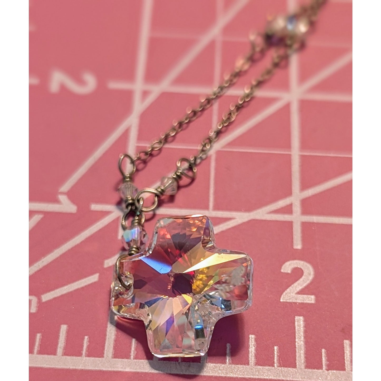 Crystal Prism Cross Pendant on Crystal Beaded 925 Sterling Chain