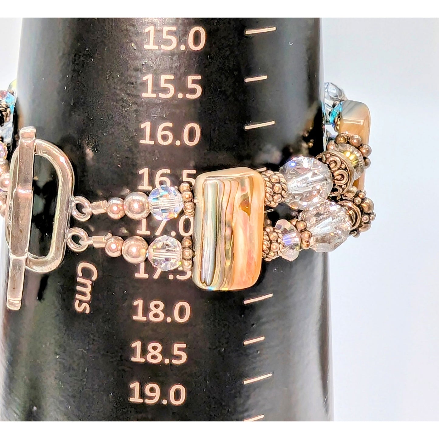 Signed Abalone Shell Chunks AB Crystal Sterling Beaded Toggle Clasp Bracelet