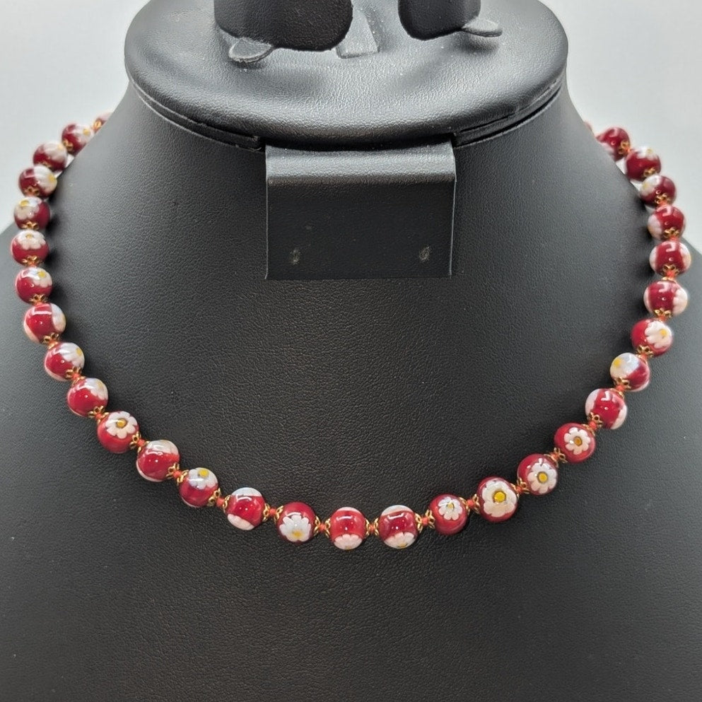 Antica Murrina Venezia Red Glass White Rose Millefiori Bead 16.5" Necklace