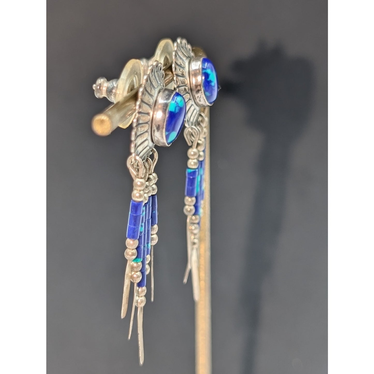 Vintage QT Sterling Native American Azurite Dangle Post Earrings