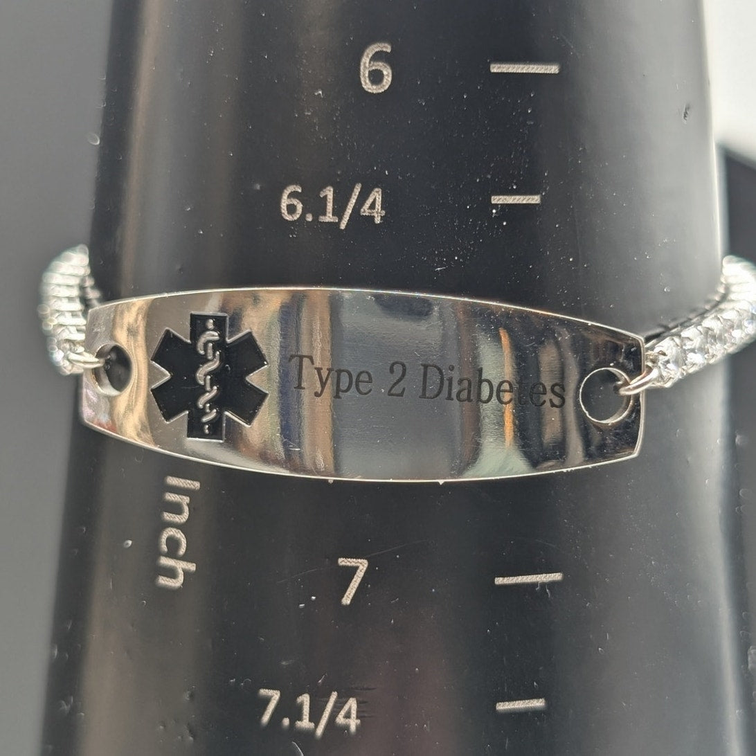 Stainless Steel Type 2 Diabetes Medical Alert CZ Chain Link Pull Bracelet