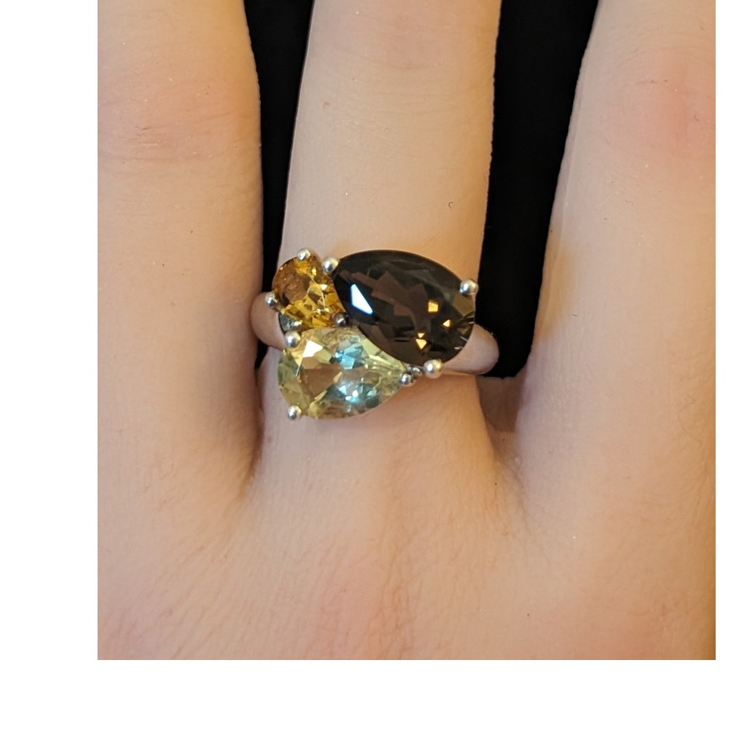 925 Sterling Silver Smoky Quartz, Orange & Yellow Citrine Gemstone Ring Size 7