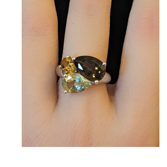 925 Sterling Silver Smoky Quartz, Orange & Yellow Citrine Gemstone Ring Size 7