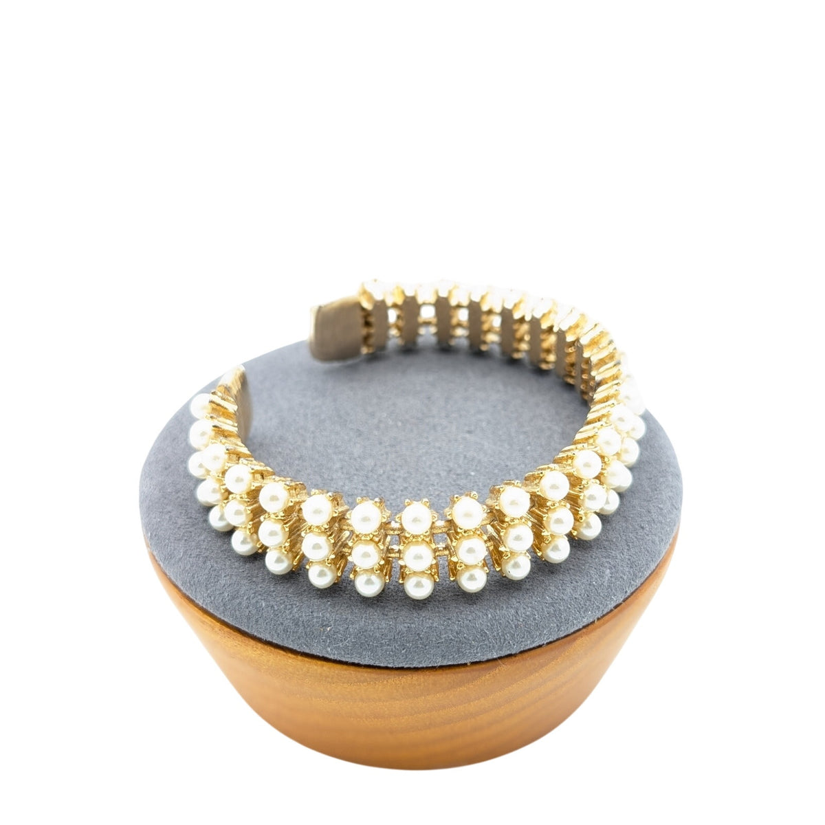 Vintage Gold Tone Three Row Faux Pearl Cuff Bracelet