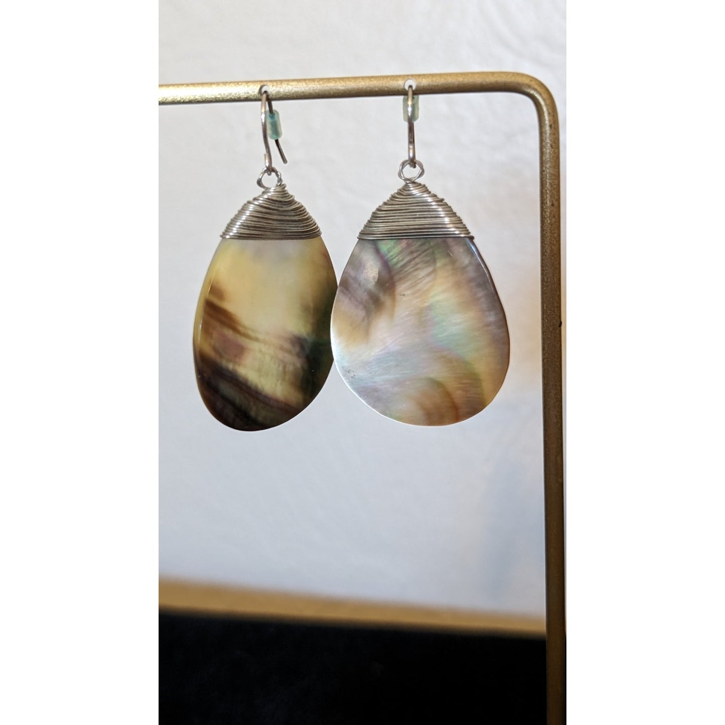 Abalone Mother of Pearl Teardrop Silver Wire Wrapped Earrings