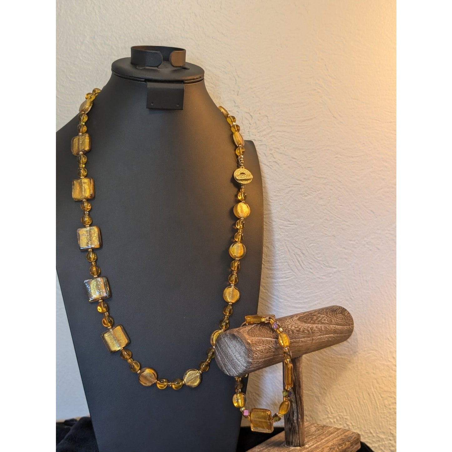 Gold Foil Art Glass Beaded Toggle Clasp Necklace & Gold Foil Art Glass Bracelet