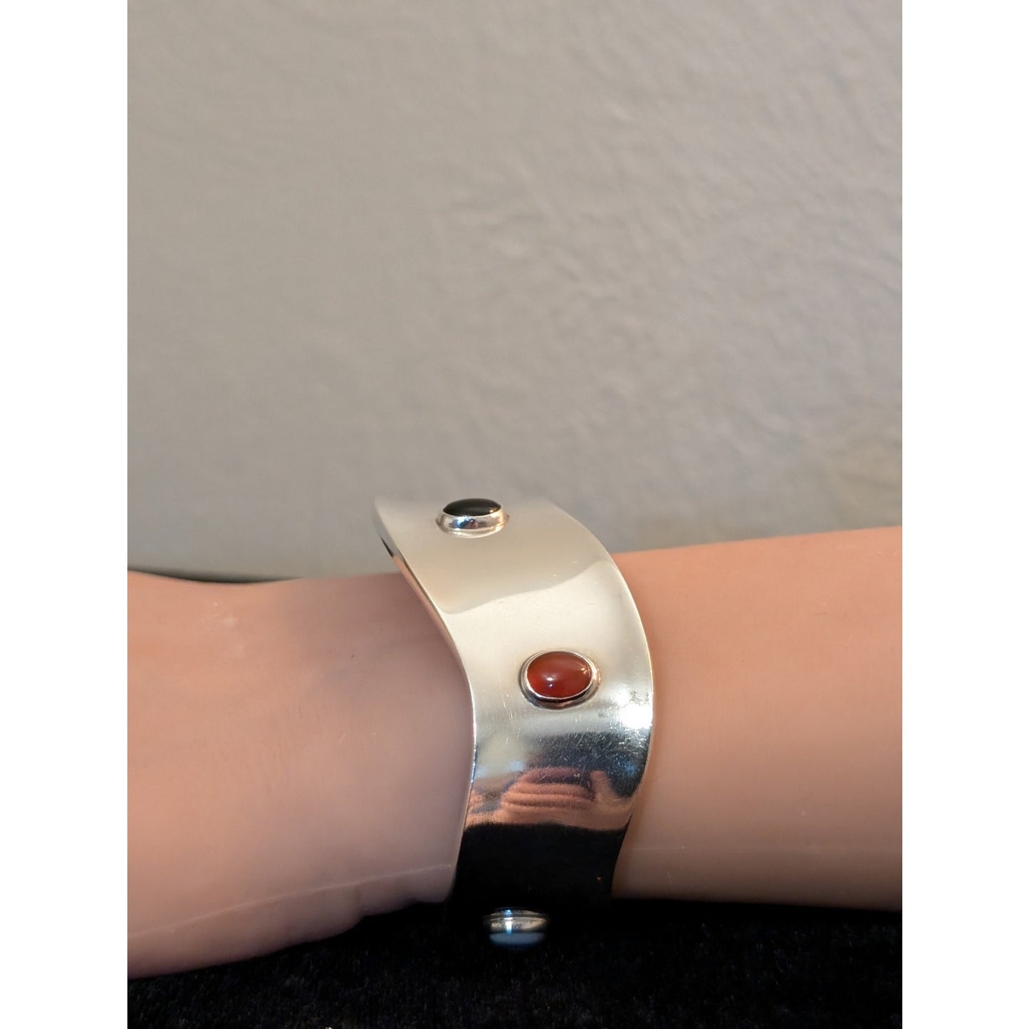 Multi-Stone Cabochon Curved Cuff Modernist Sterling Silver Mexico Bracelet