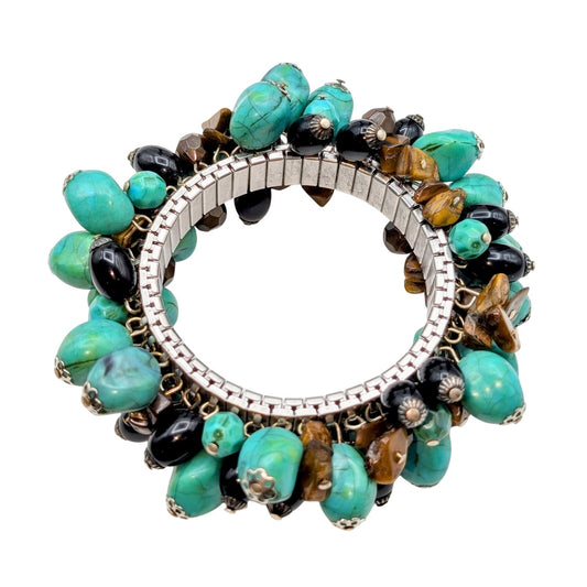 Turquoise & Black Acrylic Bead & Tiger's Eye Stone Chip Stretch Cha Cha Bracelet