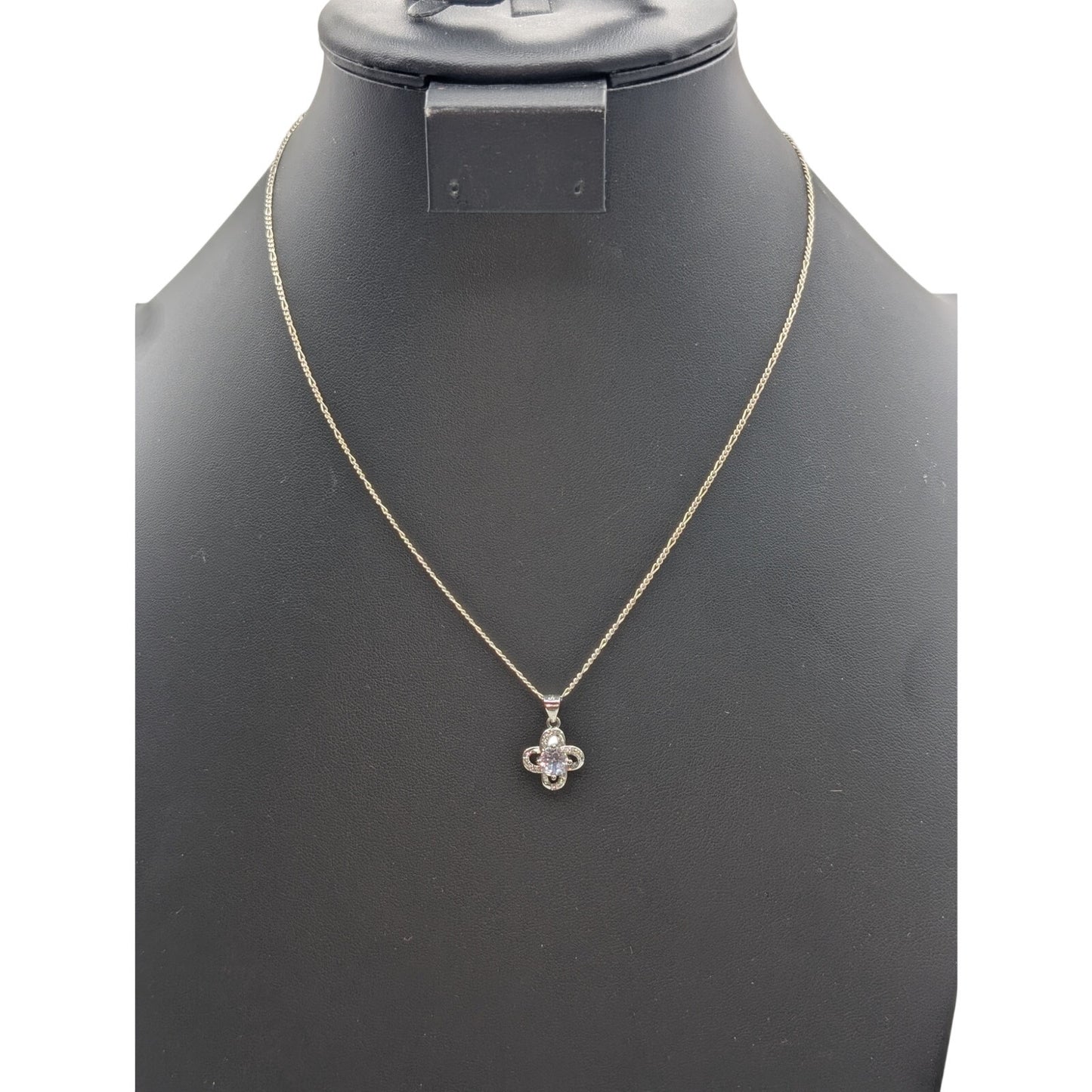 925 Sterling Silver CZ Pendant 18" Figaro Chain Necklace