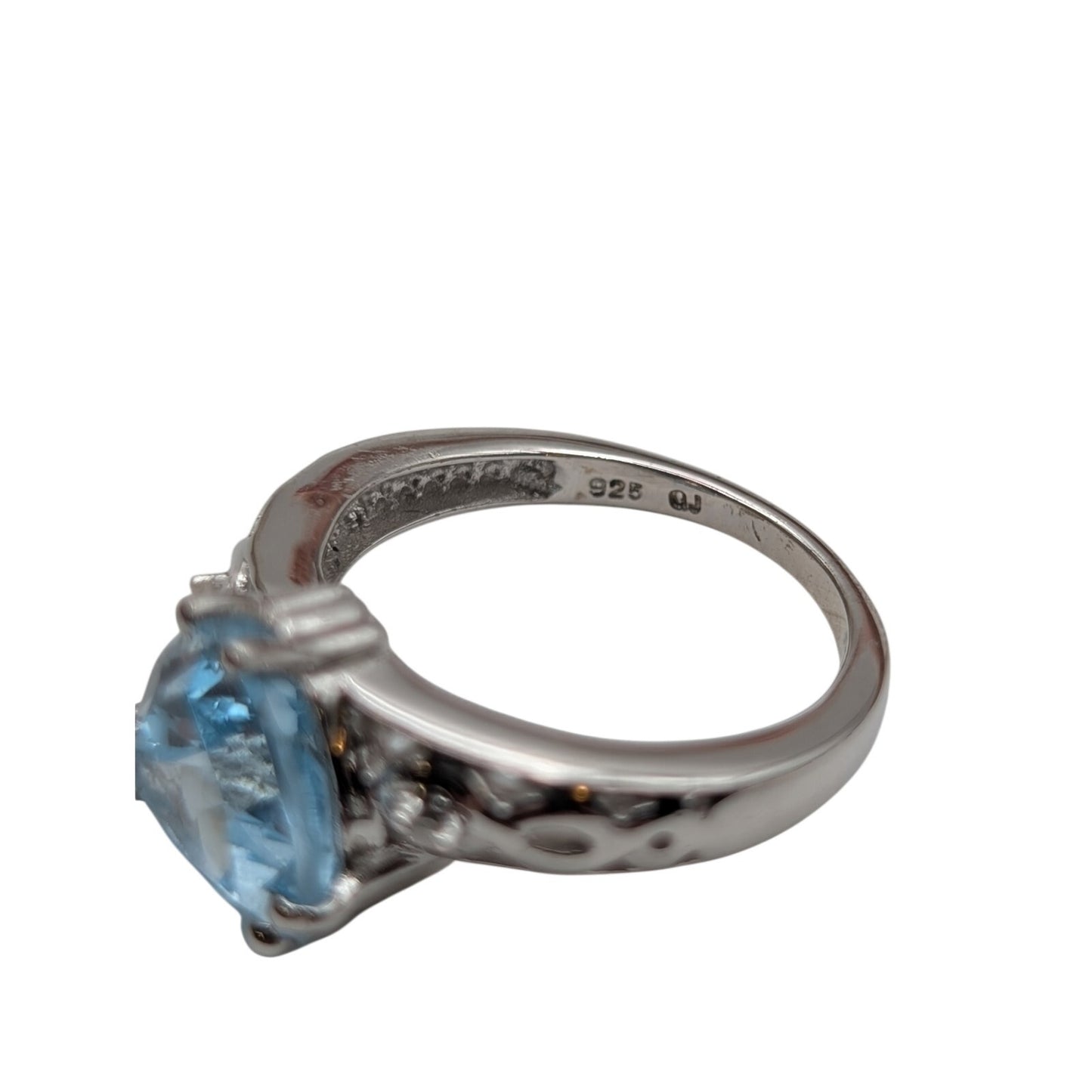 925 Sterling Silver Trillion Cut Blue Topaz & Diamond Ring Size 6.5