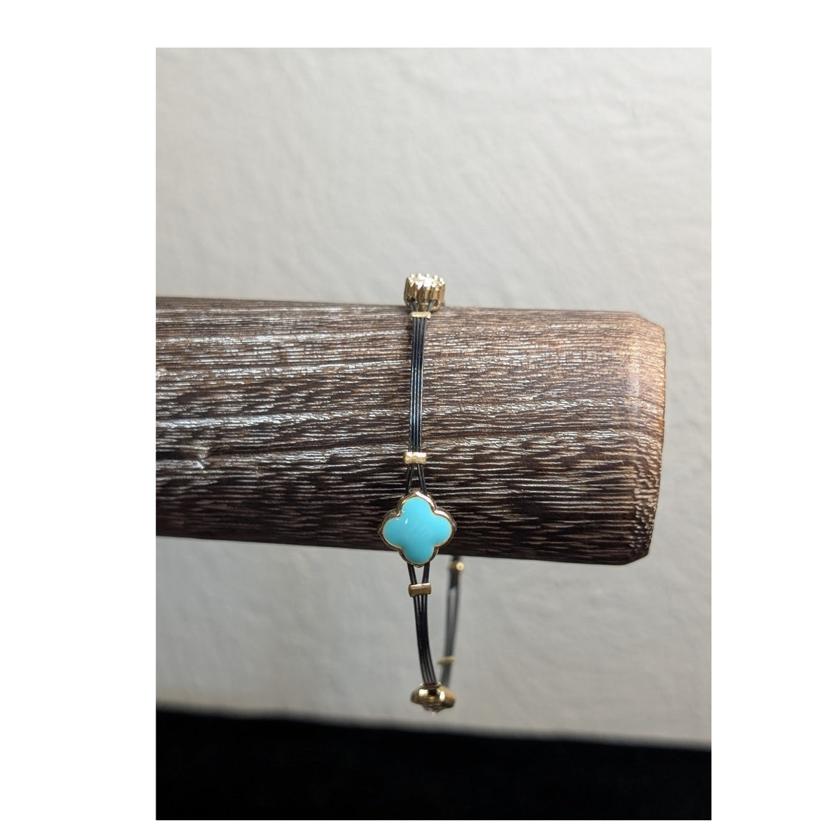 Two Wire Turquoise Enamel Trefoil Rhinestone Flexible Bangle Bracelets