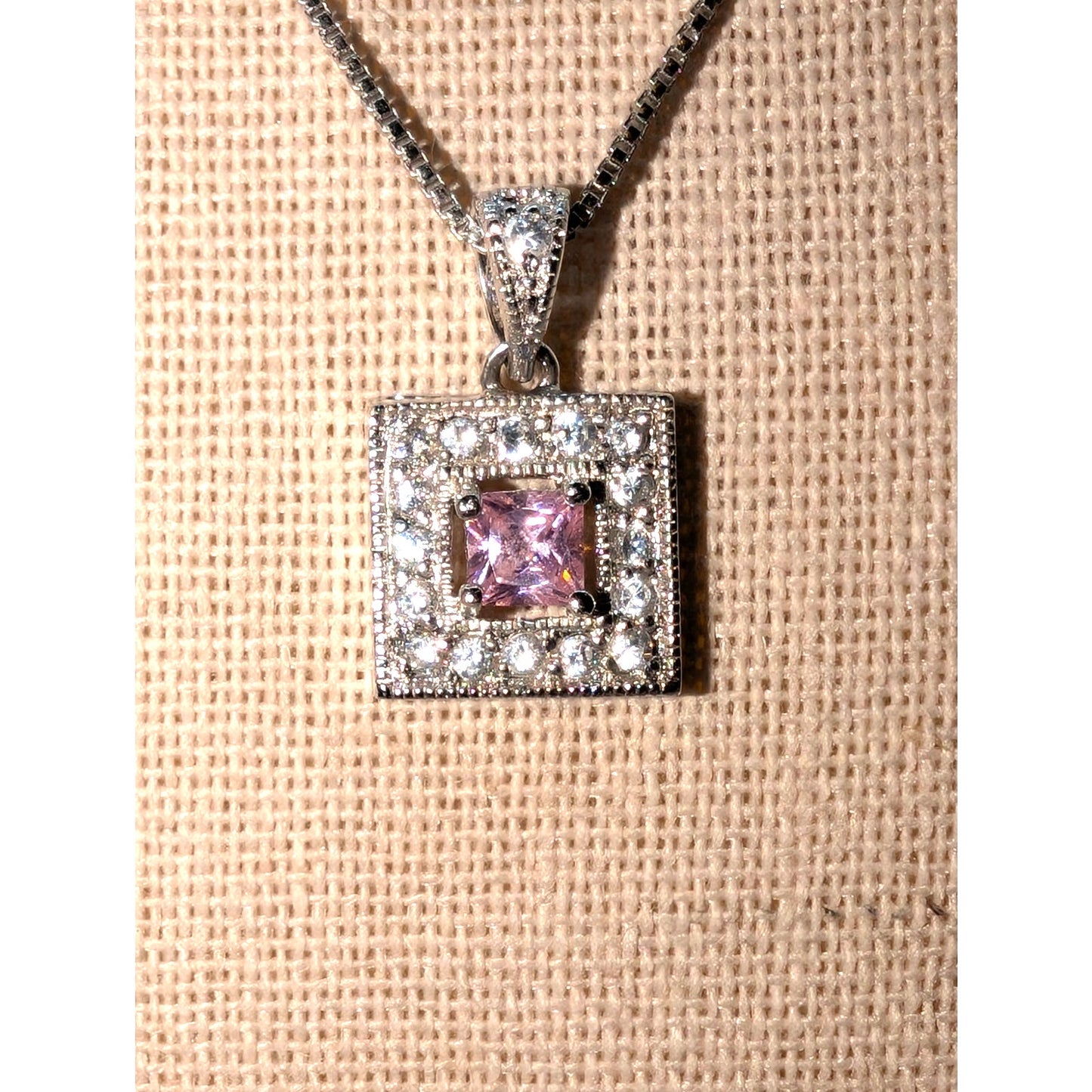 925 Sterling Silver Pink Square Crystal CZ Surround Square Pendant 18" Necklace
