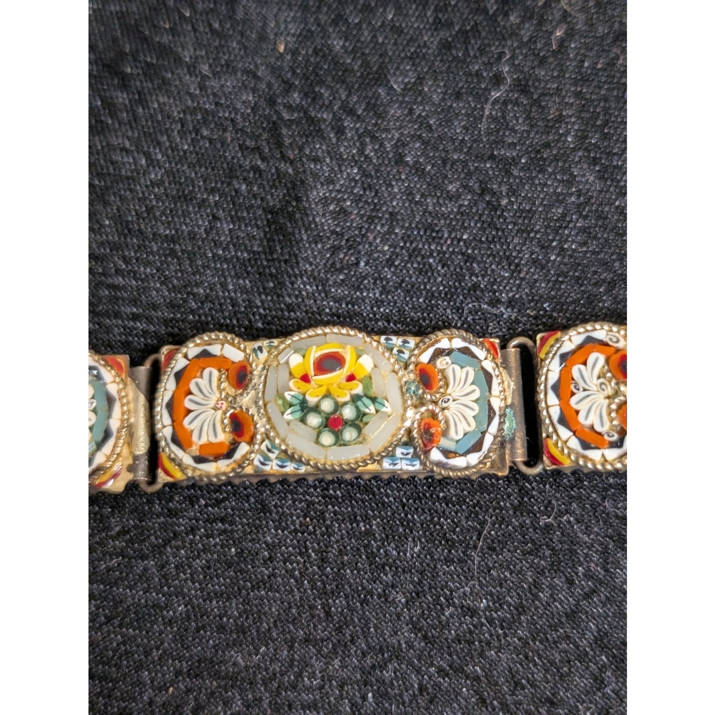 7.5" Antique Italian Micro Mosaic Multi Color Floral Link Hook Clasp Bracelet