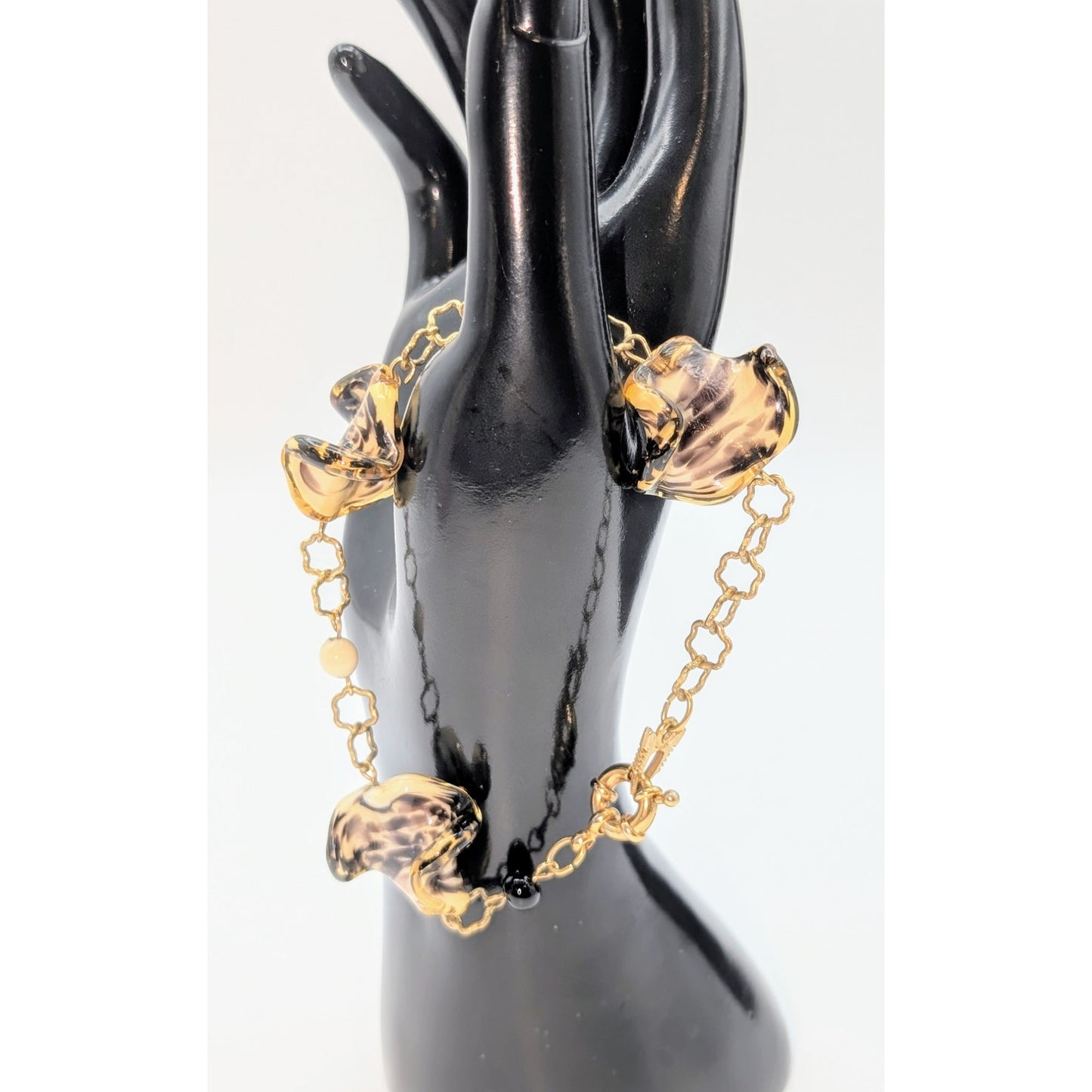 Antica Murrina Italian Ruffled Tiger Striped Glass Bead Gold Tone Chain Bracelet