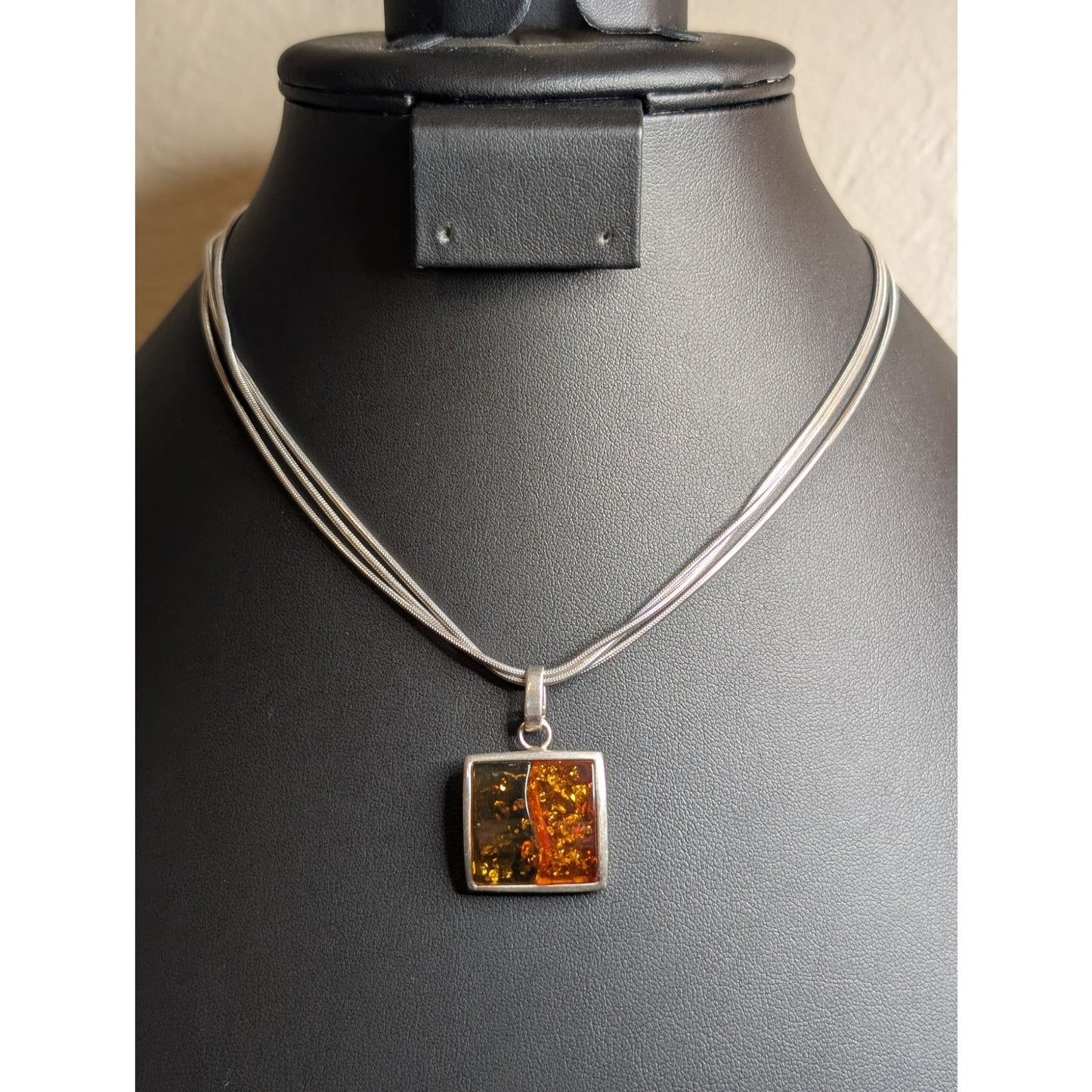 925 Italy Sterling Triple Snake Chain Two Color Amber Modernist Pendant Necklace