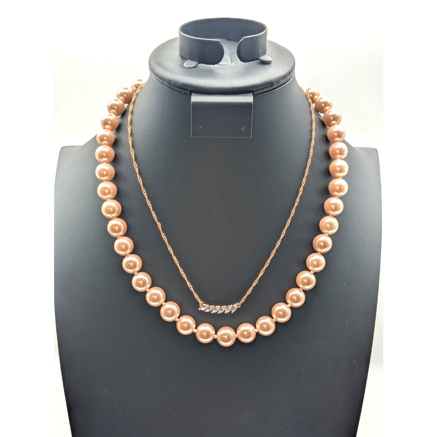 Kenneth Jay Lane 12 mm Pink Faux Pearl & Floating CZ Rose Tone Necklaces