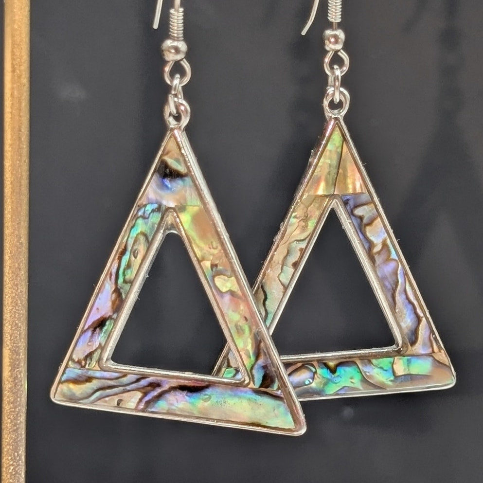 Silver Tone Abalone Shell Triangle Dangle Earrings