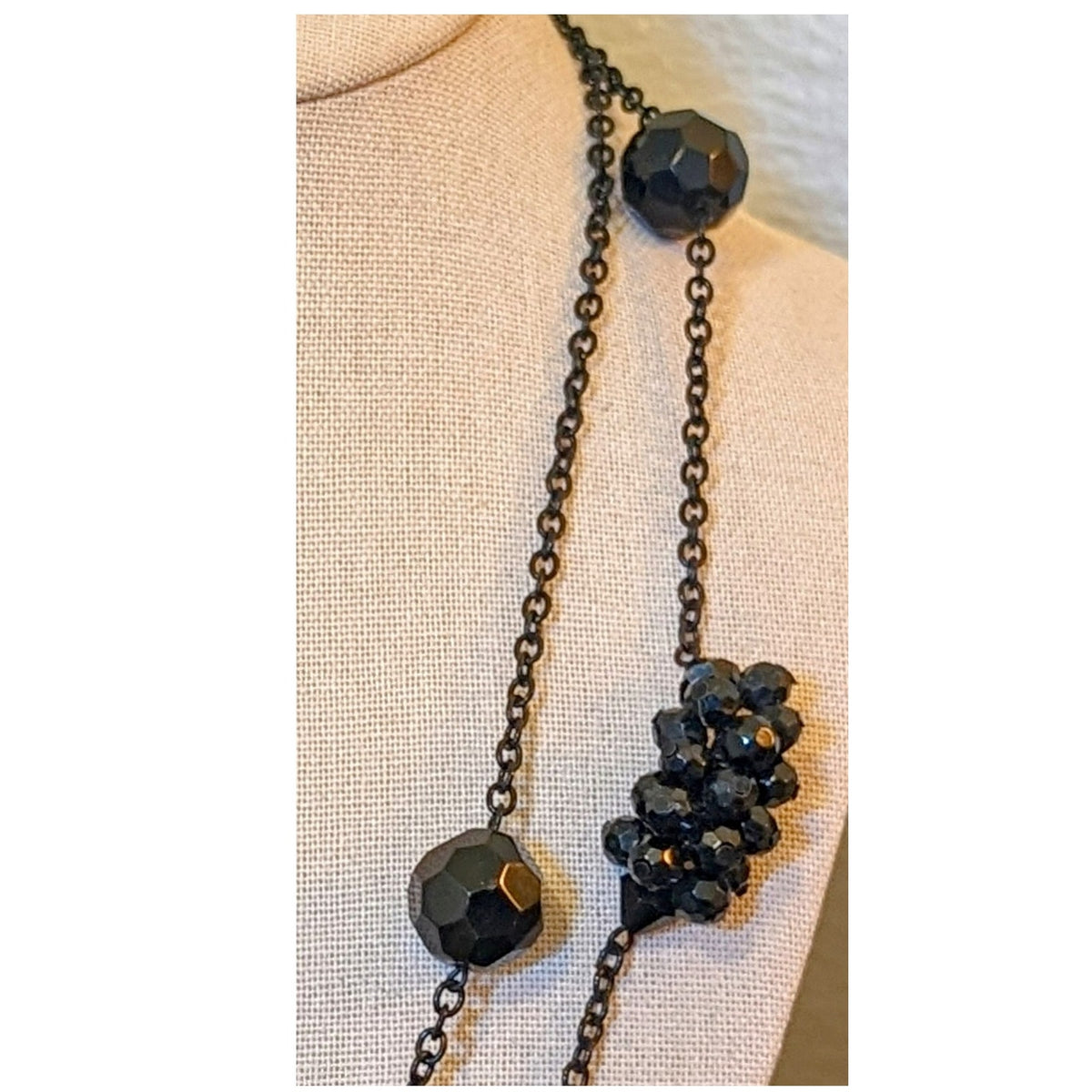 Black Glass Crystal Cluster Bead Black Metal Long Chain 46" Necklace