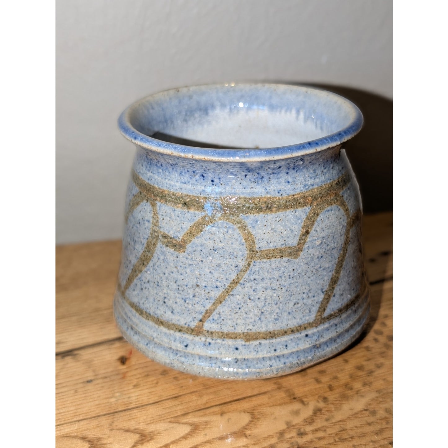 Light Blue & Tan Geometric Design Signed Studio Pottery Mug