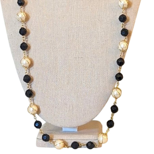 Trifari Gold Tone Black Faceted Beads with Caged Faux Pearl Necklace