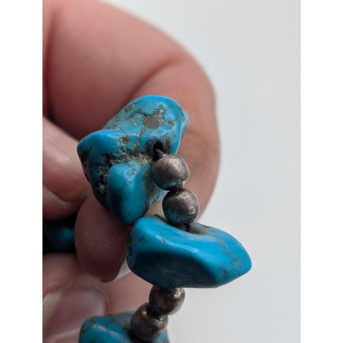 Vintage 1960s Turquoise Nugget Silver Beaded Hook Clasp 28" Necklace