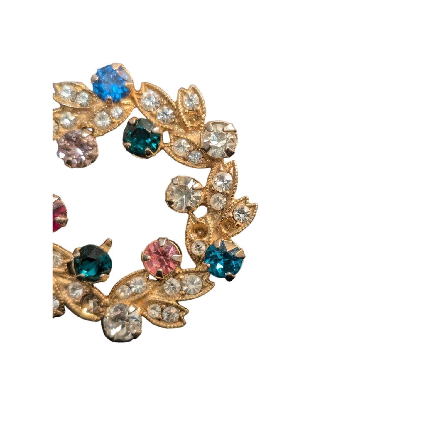 Eisenberg VTG Signed Multi Colored Rhinestone Wreath Brooch Pin Gold Tone