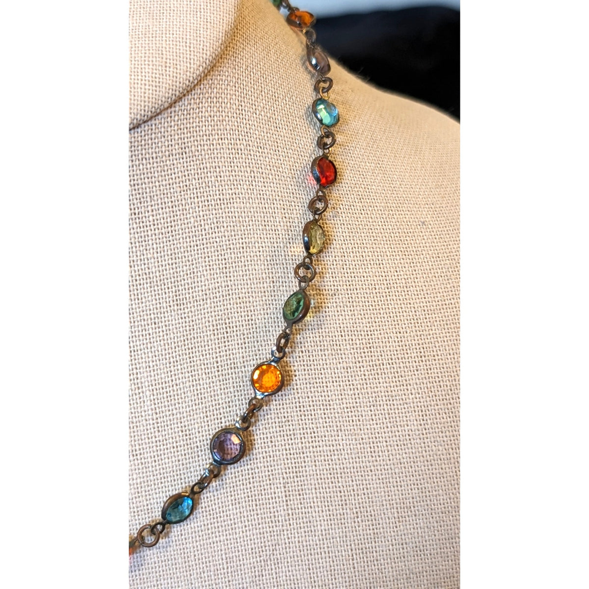 Colorful Bezel Set Crystals Antiqued Choker Chain 16.5-19.5" Necklace