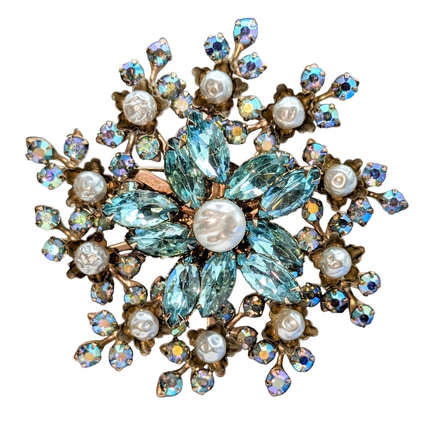 Gorgeous VTG Aqua Marquis Cut Rhinestone Faux Pearl AB Rhinestone Flower Brooch