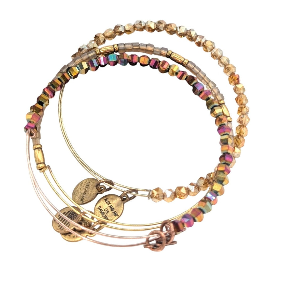 Lot of 3 Gold Tone Champagne Color Crystal Coordinating Wire Bangle Bracelets