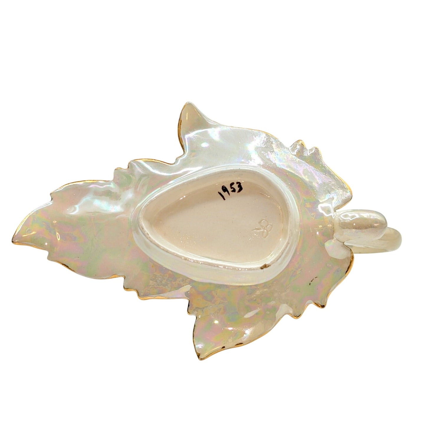 Vintage Signed 1953 Iridescent Cream Gold Trimmed Leaf Candle Holder