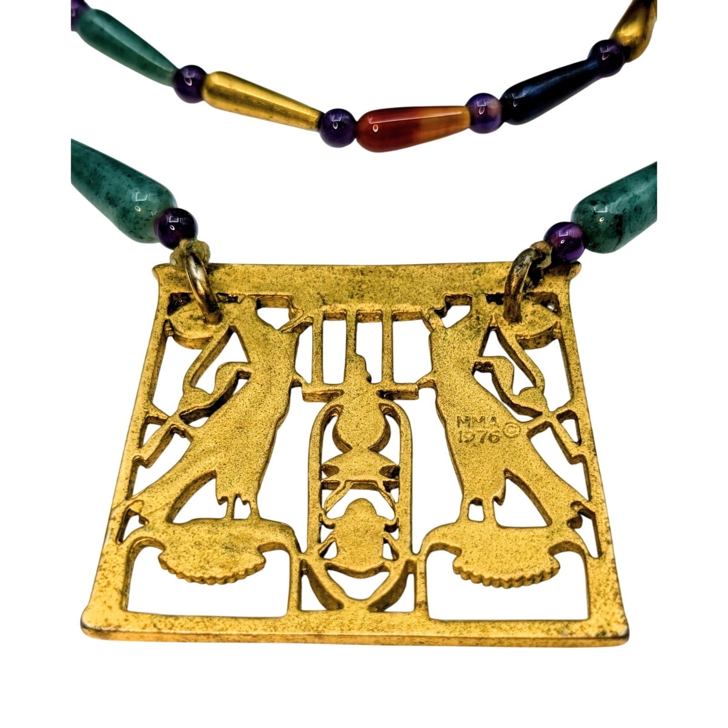 Vintage MMA 1976 Egyptian Scarab Falcon Gold Tone Pectoral Stone Bead Necklace