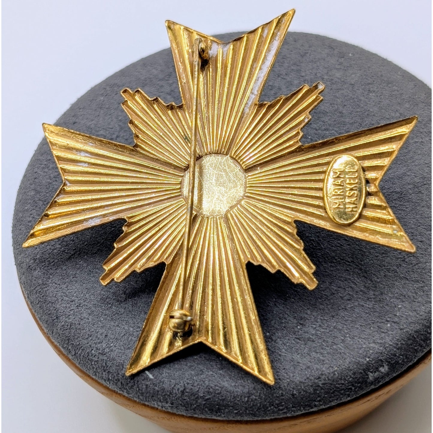 Rare Signed Vintage Miriam Haskell Gold Tone Blue Cabochon Maltese Cross Brooch