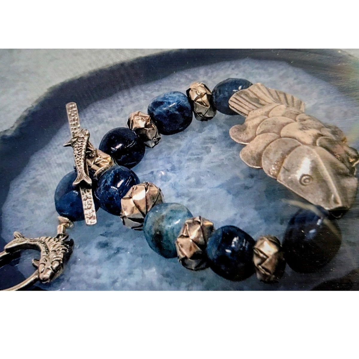 SS 925 Laura Stamped 7.5" Artisan Fish Bracelet w/Blue Accents & Toggle Clasp
