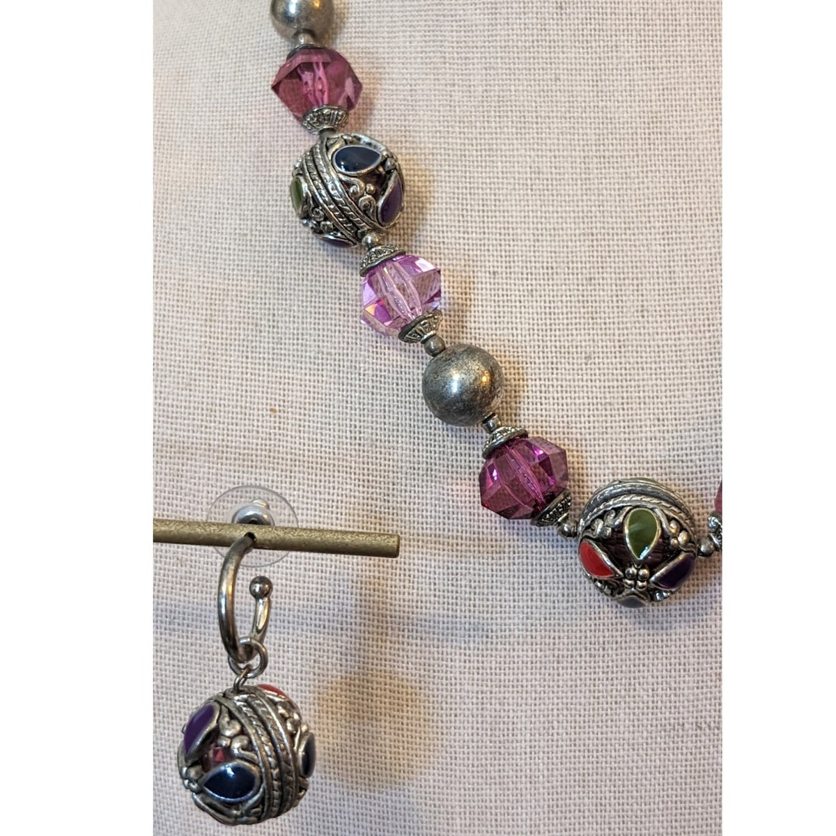 Purple Leather Corded Silvertone Enamel Fuschia Beaded Necklace & 1 Earring