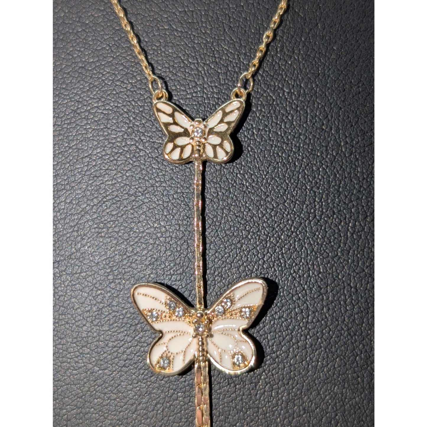 Jessica Simpson Gold Tone Two White Sparkle Butterfly Tassel 16"-19" Necklace