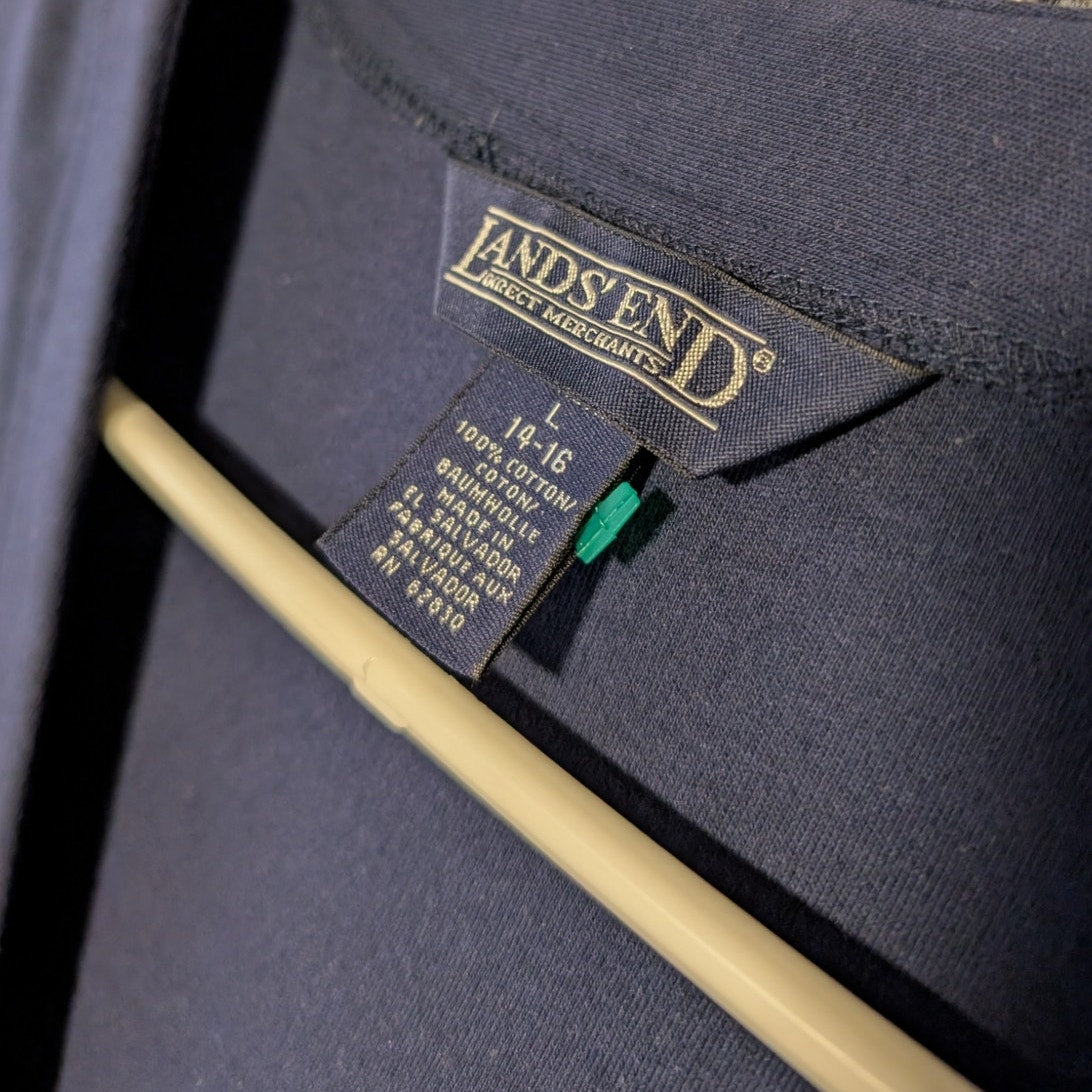 Vtg Lands'End Navy Button V-Neck Cotton Cardigan Sweater Womens' L (14-16)