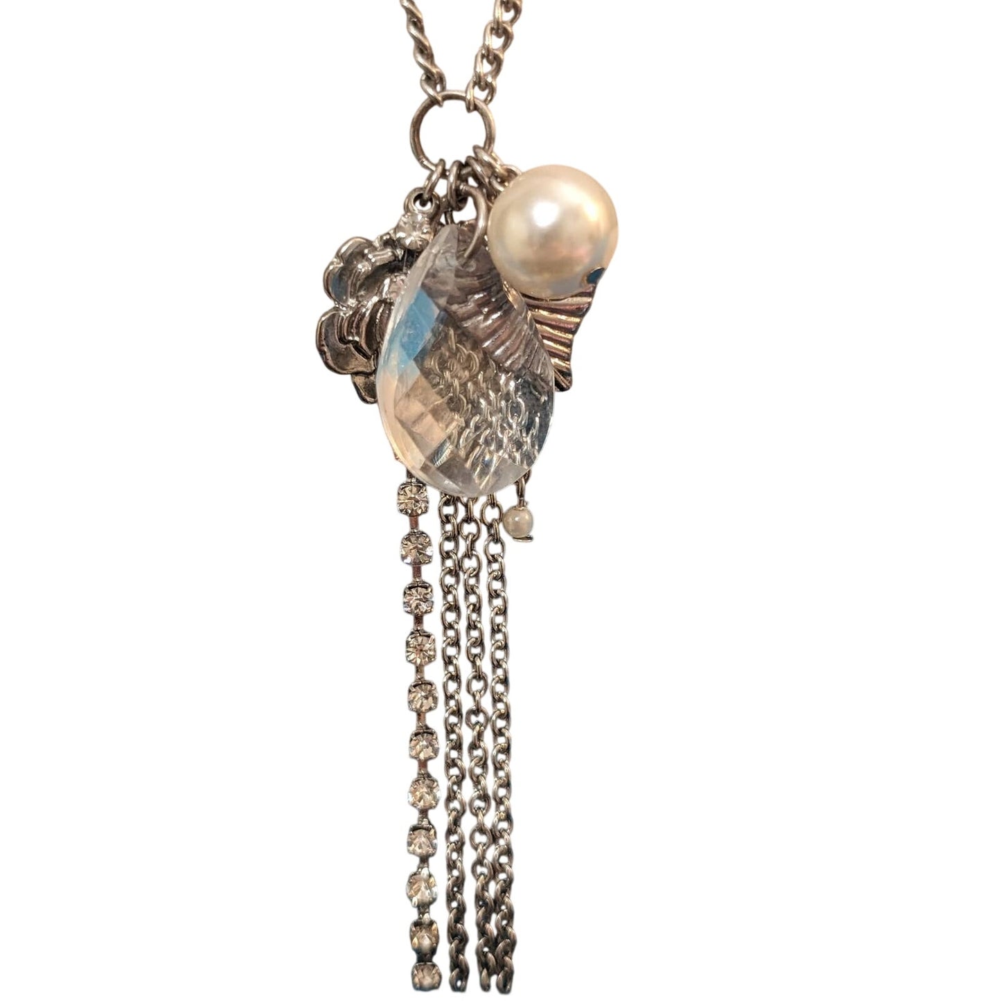 Silver Tone Cluster 22-24.5" Necklace With Rose, Rhinestones, Pearls, etc.