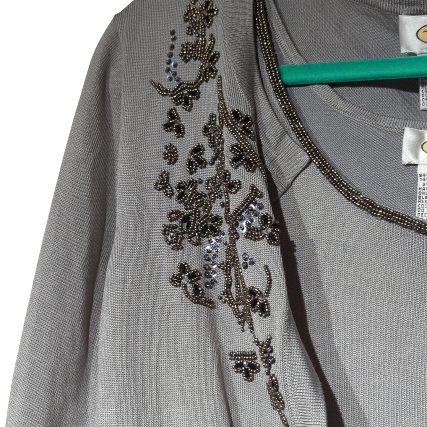 Talbots Gray Silk Blend Beaded Sweater Set Wide Rib Hem 3/4 Sleeves Women's Sz L
