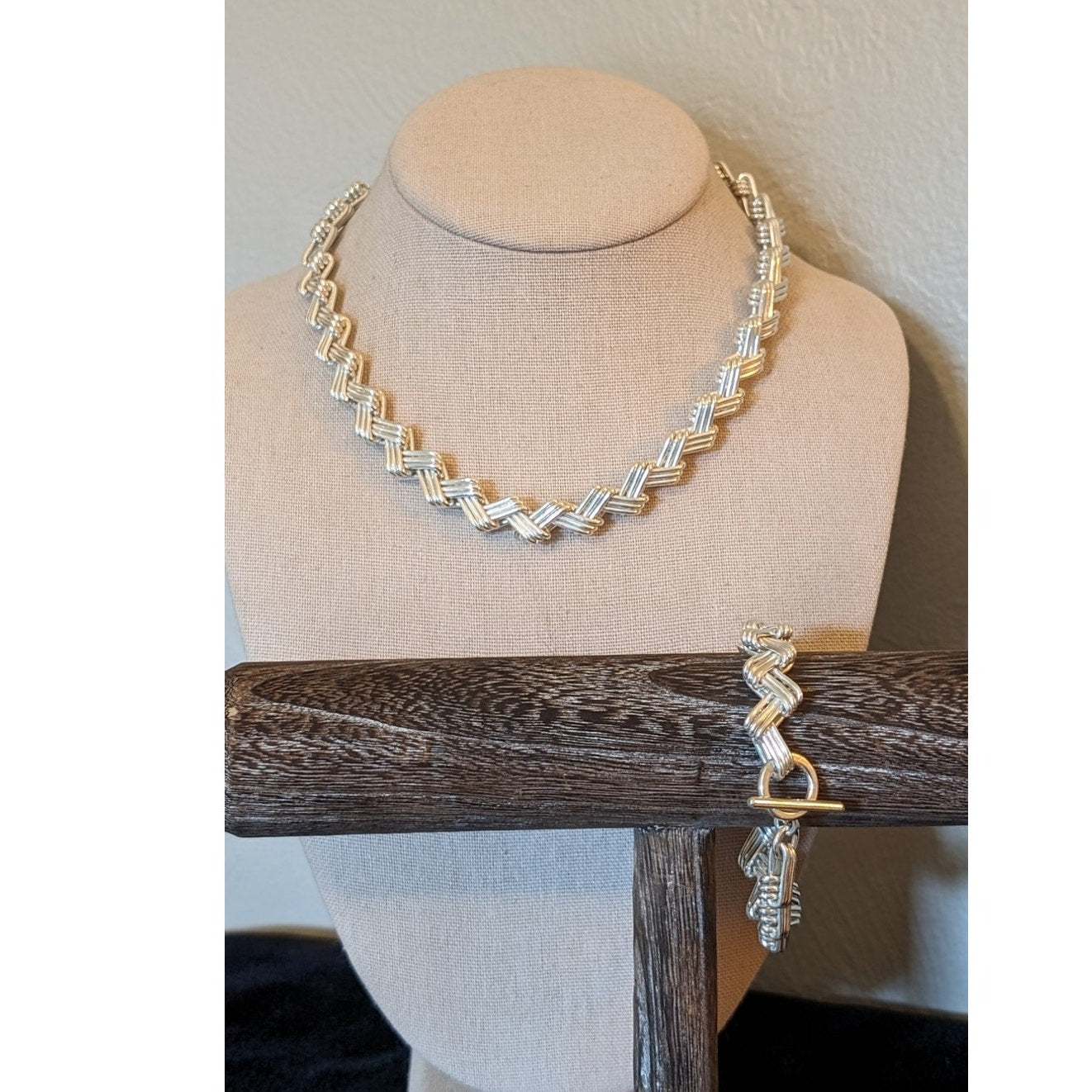 Vintage Mexico Modernist 925Sterling Silver Solid Zig Zag Necklace Bracelet Set