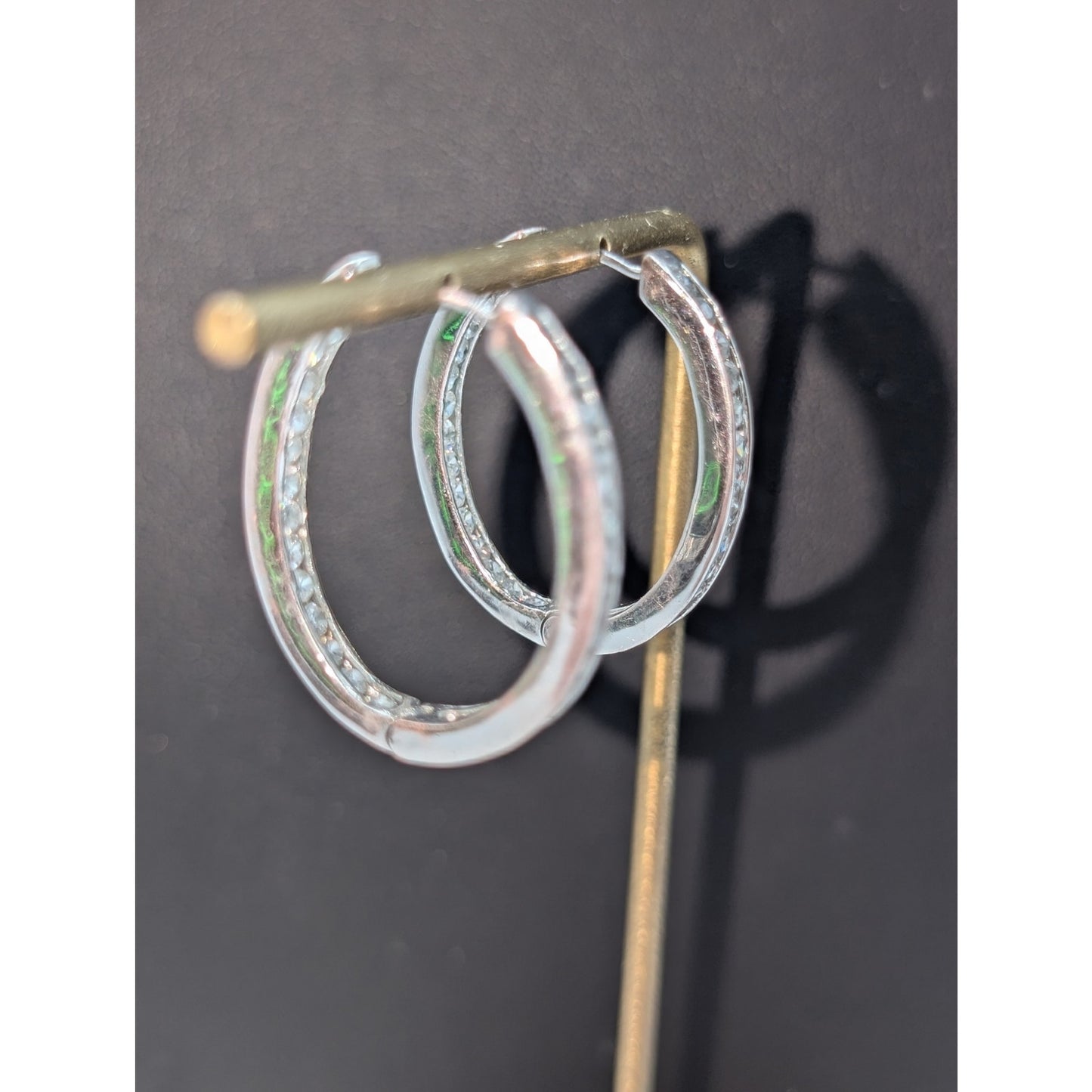 Silver Tone Non Magnetic CZ In and Out Oval Huggie Hoop Earrings